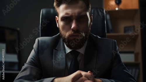 Serious bearded businessman in a suit seated in a dimly lit office, deep in thought, exuding determination and focus.