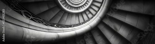 A stunning black-and-white photo of a spiraling staircase with intricate railing design and stone steps, creating a mesmerizing visual effect.