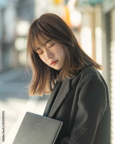 Japanese office lady with a sleepy face, walking in the morning in a lazy mood, hugging her small and thin Laptop while walking with half-open eyes. 