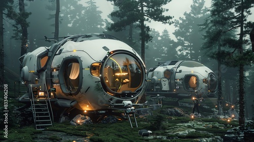 advanced camping gear in a futuristic forest, drones assisting with setup, holographic entertainment, eco-friendly technology, twilight setting, Generated with AI