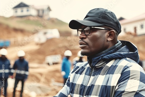 Focused construction foreman supervising a housing development project with workers in the background, wearing casual outfit and black cap.