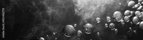 Abstract black and white image of water bubbles floating against a dark backdrop, capturing fluid motion and surface tension.