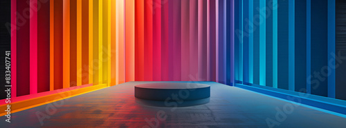 Cylindrical stage on the background of bright rainbowcolored striped walls