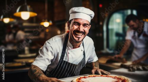 Pizza maker, restaurant chef takes pizza out of the oven, from an oven with real fire in a traditional restaurant.
