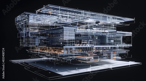 The image shows a 3D model of a building. The model is made of white lines and is shown on a black background. The model is of a modern building with a lot of glass and steel.