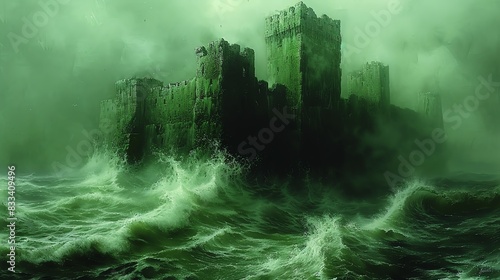 A mysterious green castle stands on a stormy sea.