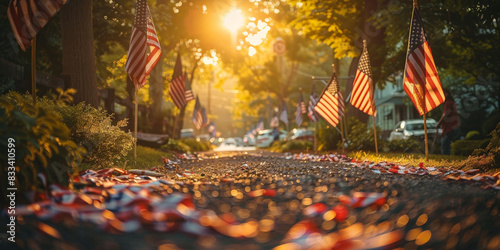 American flags displayed on a sunny neighborhood street during sunset, creating a warm and patriotic atmosphere with vibrant colors and a sense of community pride 