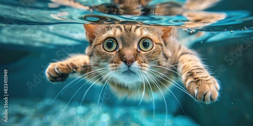 Young black cat swimming on crystal clear water swimming pool. Cute orange cat swim in water. Feline swimming underwater. Ginger red cat floating on the river in hot summer day. Thirst, abnormal heat