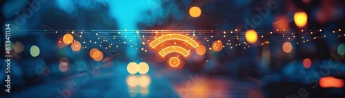 Abstract image of a glowing WiFi symbol on a blurred city street background, representing connectivity and urban technology.