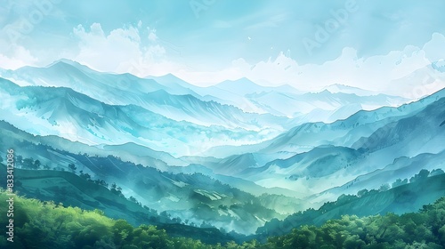 Serene Watercolor Landscape of Lush Green Mountains Under Tranquil Blue Sky