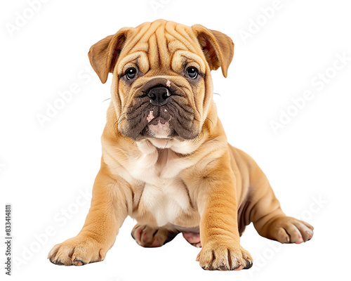 The image shows an adorable English Bulldog puppy with a wrinkled face and big paws, white isolate background , png file .