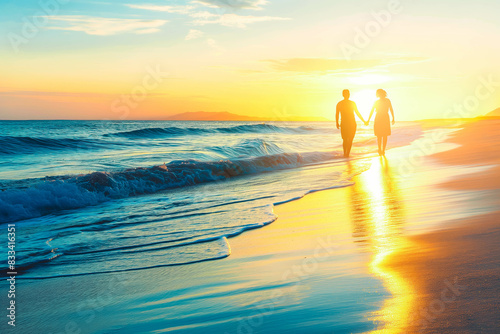 A couple enjoying a romantic sunset stroll along a sun-kissed beach, the waves lapping at their feet.