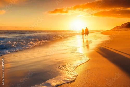 A couple enjoying a romantic sunset stroll along a sun-kissed beach, the waves lapping at their feet.