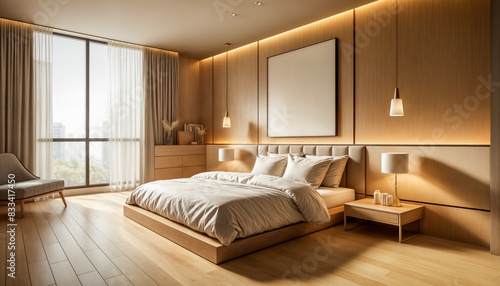 Una camera da letto matrimoniale minimalista con un'atmosfera serena e ordinata e caldi accenti in legno
