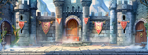 Gray Stone Castle Gate with Red Banners
