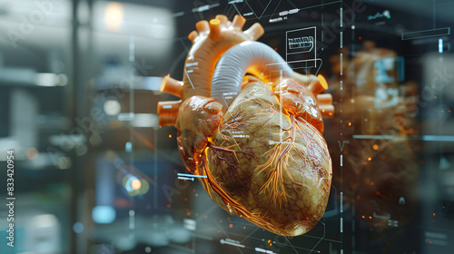 A heart is showing 3D. The heart is surrounded by a digital display that shows the heart's internal structure and functions