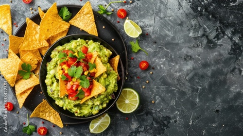 A delectable bowl of guacamole accompanied by crunchy nachos chips and fresh lime slices, artistically presented in a flat lay on a grey table