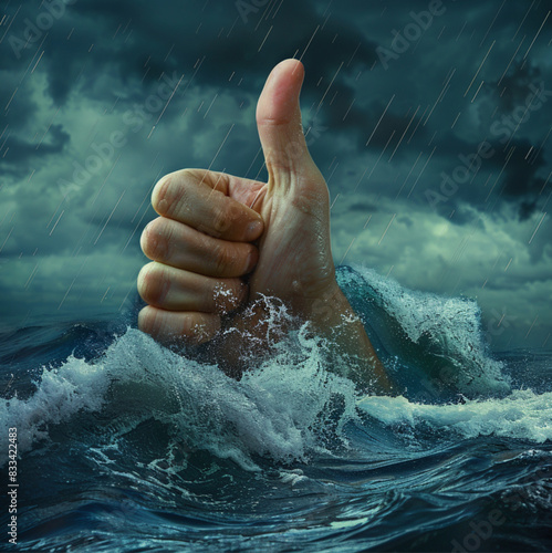 hand sticking out of water making thumbs up, stormy seas, drowning, thumbs up, person drowning