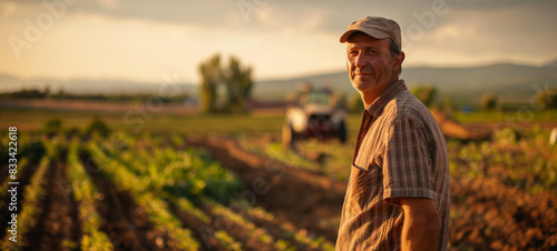 A farmer stands in a sunlit field with rows of crops and a tractor in the background, epitomizing rural agriculture and hard work at sunset.