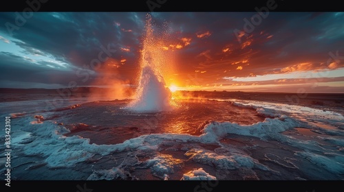 Nature's Spectacle: The Majestic Power of a Geyser Erupting in a Fiery Display at Sunset, Creating an Unforgettable Scene of Beauty and Energy.