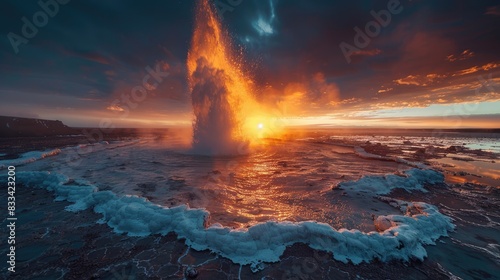 Nature's Spectacle: The Majestic Power of a Geyser Erupting in a Fiery Display at Sunset, Creating an Unforgettable Scene of Beauty and Energy.