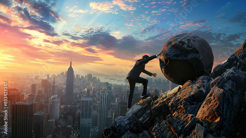 man in a suit pushing against a large boulder at the top of a rocky summit, with a cityscape visible in the background
