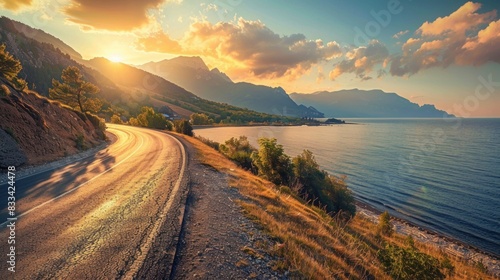 A scenic view of a road alongside the sea captured at sunrise