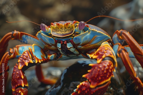 A close-up photo of a crab sitting on a rock, with a simple background