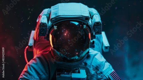 Cosmic helmet's reflective visor mirrors starry galaxy, oxygen tubes and life support systems visible on sleek white spacesuit in deep space silence.