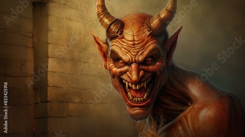 Dark and haunting devil illustration with a malicious grin and sinister laughter, portraying an evil schemer on a clean background.
