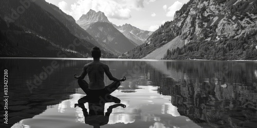 A person meditates in lotus pose on the surface of a still lake or river