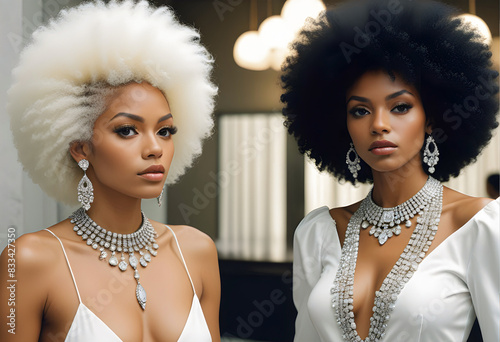 Dwie czarnoskóre kobiety z czarnym i białym afro pozują w eleganckiej biżuterii z diamentów i kryształów. W tle studio 