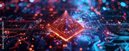 Futuristic digital pyramid with glowing lights on a circuit board, representing advanced technology and innovation in the digital age.
