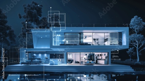 Futuristic modern smart home technology nighttime exterior view with illuminated rooms and digital connection overlays.