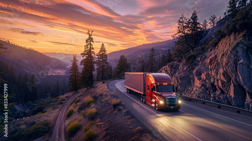 A red semi truck is driving down a mountain road at sunset. The sky is filled with clouds and the sun is setting, creating a beautiful and serene atmosphere. The truck is the main focus of the image