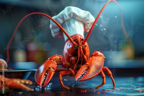 A chef carefully cleaning a lobster at a kitchen counter