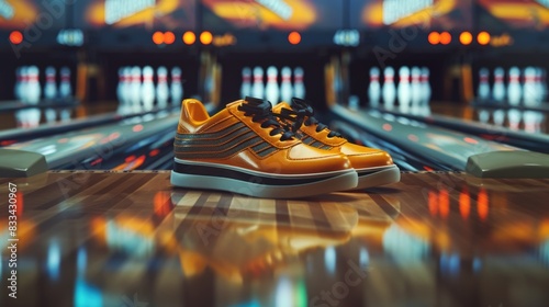 A pair of shoes sitting on top of a bowling alley, suitable for use in sports or leisure related images