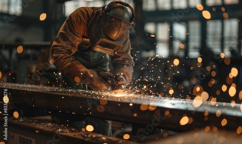 Welder in factory using grinding stone on steel with sparks and trails. AI
