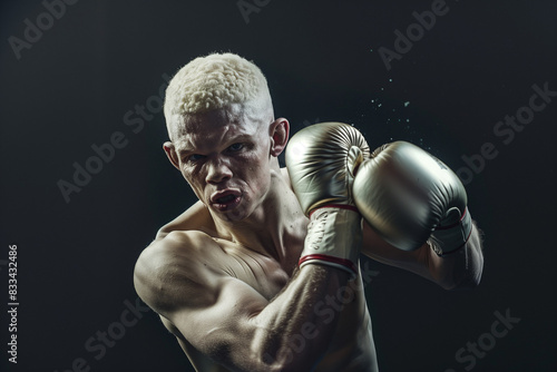 Albinos boxer. Close-up portrait of a professional albinos boxer. Professional boxing. Boxer ready to punch. Cinematic boxing. Boxer in action. Fitness and boxing concept. 