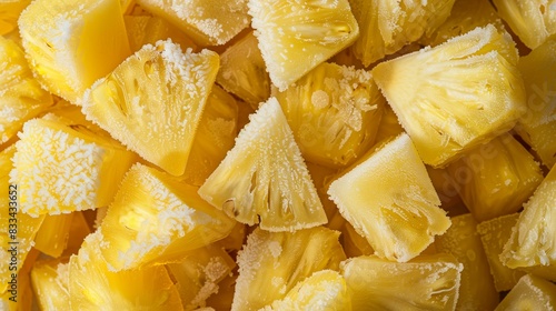 Frozen Pineapple Chunks in a Close-Up View, Displaying Frosty Texture and Bright Yellow Color, Ideal for Frozen Fruit Packaging or Smoothie Ingredients