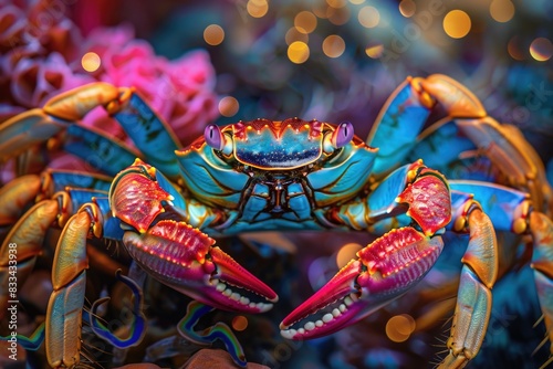 A bright colored crab with a vibrant blue shell, perfect for ocean or beach-themed designs