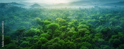 A forest affected by global warming, with some trees lush and others dying from extreme weather changes