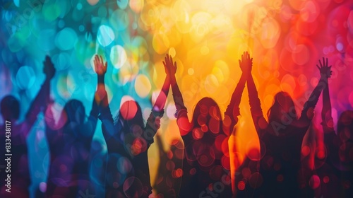 Group of people celebrating with raised arms in colorful, bokeh lighting. Vibrant and energetic party atmosphere.