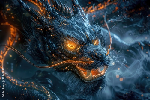 A detailed image of a mythical dragon on a dark, mysterious backdrop