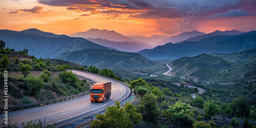 orange truck driving through winding mountain road at sunset with dramatic sky and snow-capped peaks, highlighting the journey of long-haul transportation through breathtaking landscapes 