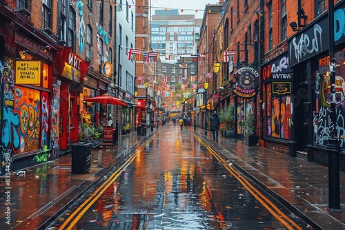 Rainy street in London with colorful graffiti and street lights.