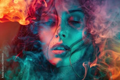 A woman with smoke emanating from her face, a unique and intriguing scene