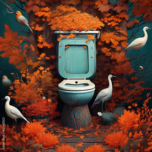 Surreal illustration of an old toilet in a beautiful autumn forest with birds