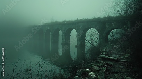 Ancient stone aqueduct shrouded in mist, creating an eerie atmosphere.