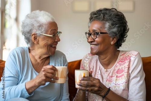 Senior African American and biracial women sharing joyful moment with coffee